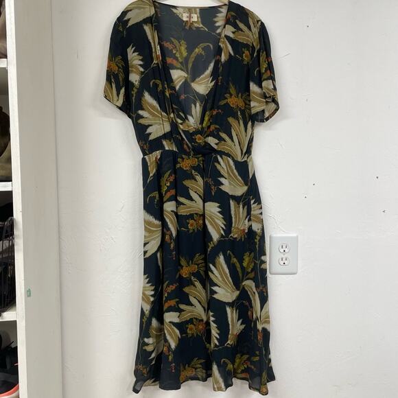 Diega Blue Green Tropical Print Faux Wrap Midi Dress Womens XS Beachy Vacation - Picture 1 of 10